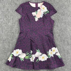 Ted Baker London‎ Tohkoh Dress Womens 12 Purple Floral Leopard Fit Flare